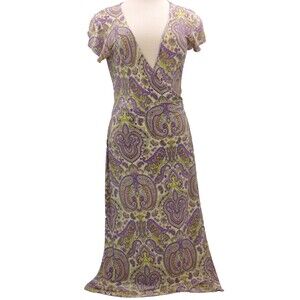 Vintage Max Studio Maxi Dress Size XS Bodycon Boho Paisley Gypsy V-Neck Stretch